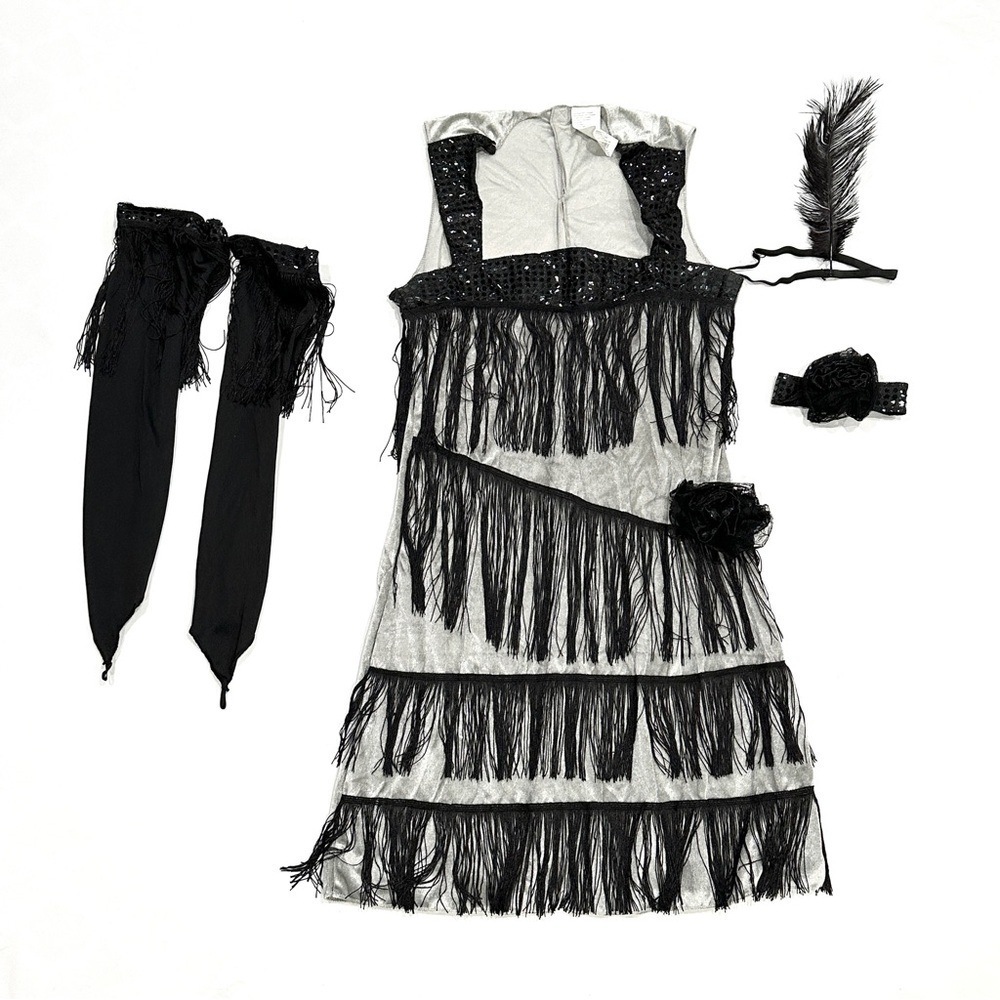 Roaring 20s Flapper Grey Velvet Black Fringe 4pc Halloween Cosplay Costume